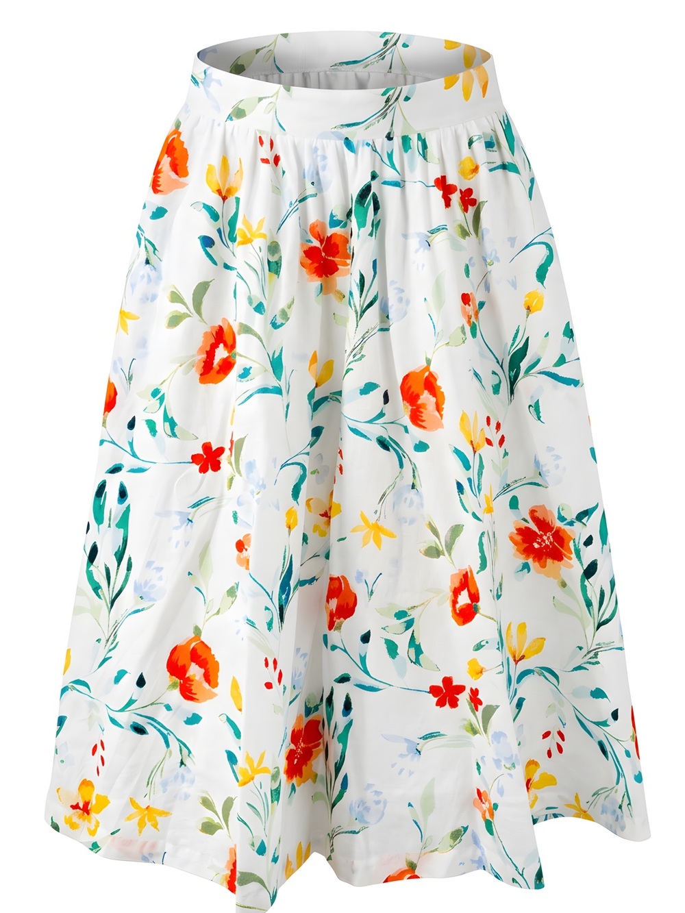 Prosperina -Floral A-Line Midi Skirt in White with Multicolor Blooms, size M